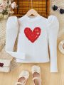 SHEIN Kids KDOMO Tween Girl Sequin Heart Pattern Gigot Sleeve Tee