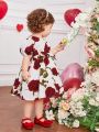 SHEIN Baby Girl 1pc Floral Print Puff Sleeve Belted Dress