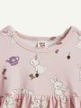 Cozy Cub Baby Girl Cartoon Little Rabbit Pattern Ruffled Round Neckline Empire Waist Dress Set