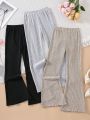 SHEIN Kids EVRYDAY Big Girls' Comfortable Knitted 3-piece Set Including Long Pants For Autumn And Winter