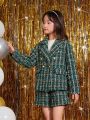 SHEIN Kids KDOMO Tween Girl Plaid Pattern Double Breasted Tweed Blazer & Shorts