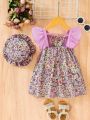 Baby Girl Floral Print Ruffle Trim Dress With Hat