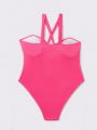 Plus Size Solid Color Hollow Out One Piece Swimsuit