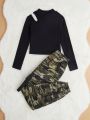 SHEIN Kids KDOMO Junior Girls' Slim Fit Casual Hollow Out T-shirt And Camouflage Cargo Pants Set