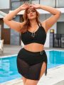 SHEIN Swim Vcay Plus Size Buckle Strap Trim Solid Bikini Set