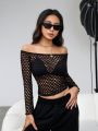 SHEIN ICON Women's Off Shoulder Fishnet Top