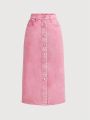 SHEIN Teen Girl Casual And Fashionable Sweetheart Pink Denim Skirt With Front Mid Button, Summer