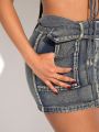 Storm Apparel Denim Belted Cargo Pocket Mini Skirt