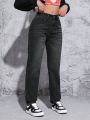 SHEIN PETITE Women's Cat Whisker Design Straight Leg Jeans