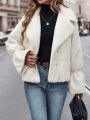 SHEIN Essnce Women'S White Double Breasted Lamb Wool Spliced Padded Coat