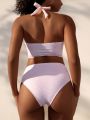 SHEIN Swim Vcay Women's Solid Color Halter Top And High Waisted Triangle Bottom Bikini Swimsuit Set