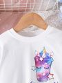 Little Girls' Fashionable Casual Unicorn Print Mesh Splice Long Sleeve Dress