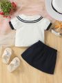 SHEIN Newborn Baby Girls' College Style Shirt With Foldable Collor, Butterfly Knot & Bubble Sleeves, Solid A-Line Skirt Set