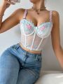 1pc Women's Floral Embroidery Sheer Mesh Bra With Underwire