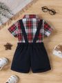 Baby Boy Bow Tie Short Sleeve Single-Breasted Shirt And Suspenders Shorts Outfits, Gentleman Formal Wear