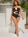 SHEIN Swim Chicsea Plus Size Women's Flower Decorated Halterneck One Piece Swimsuit