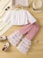 SHEIN Kids CHARMNG Young Girl Cold Shoulder Top & Mesh Flare Leg Pants