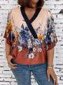 Plus Size Wrap Neck Floral Printed Blouse