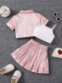 SHEIN Kids CHARMNG 3pcs/Set Young Girls' Vest Top, T-Shirt, Skirt With Faux Pocket And Rhinestone Decor, Summer Outfits