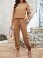 EMERY ROSE Women's Notch V Neck Top And Elastic Waist Drawstring Pants Casual Set