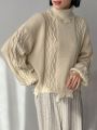 FRIFUL Women'S Solid Color High Neck Cable Knit Sweater With Drop Shoulder Sleeves