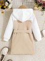 SHEIN Kids EVRYDAY Young Girl Two Tone Flap Pocket Belted Hooded Dress