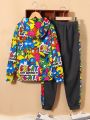 SHEIN Tween Boys' Cartoon Printed Hoodie And Pants Set