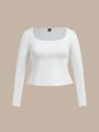 SHEIN BASICS Plus Size Women'S Square Neck Long Sleeve T-Shirt