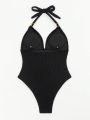 SHEIN Swim Chicsea Ladies' Textured One-Piece Swimsuit With Metal Clasp