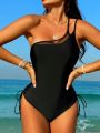 SHEIN Swim Basics Women's Mesh Patchwork One Shoulder One Piece Swimsuit