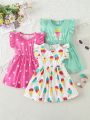 Baby Girls' Summer Cute Printed Flying Sleeve Dress 3pcs Outfit