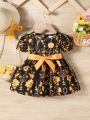 Baby Girls' New Summer Short Sleeve Floral Print Dress With Elastic Waist