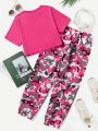 1pc Letter Graphic Crop Tee & 1pc Camo Print Pant