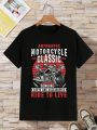 Teenage Boys' Motorcycle Letter Print Round Neck Short Sleeve T-Shirt