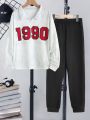 Teenage Girls' 1990s Printed Turn-Down Collar Sweatshirt And Jogger Pants Set