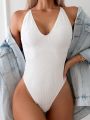 SHEIN Swim Basics Women'S Cross Ribbed Back One Piece Swimsuit