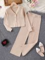 Tween Girls Solid Color Button Fly Cardigan And Knitted Pants Set