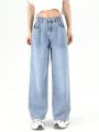 Teen Girls' Vintage & Casual Adjustable Waist Buckle Loose Fit & Comfortable Wide Leg Jeans With Washed Out Light Blue Color