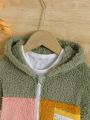 Young Girl Colorblock Letter Patched Detail Hooded Teddy Jacket Without Tee