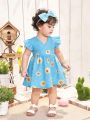 SHEIN Baby Girl Summer Holiday Flower Pattern Flutter Sleeve Dress With Headband Set