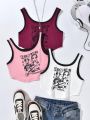 SHEIN Kids SPRTY Tween Girls' Color Block Sleeveless Top With Characters & Letter Print And Trim