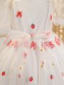 SHEIN Kids EVRYDAY Young Girl's Summer New Strawberry Embroidery Mesh Sweet Puffy Princess Dress