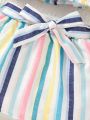 SHEIN Kids SUNSHNE 2pcs/Set Toddler Girls' Off Shoulder Striped Tops And Elastic Waist Vertical Striped Skirts With Matching Belt For Summer