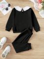 SHEIN Kids CHARMNG Toddler Girls' Casual Long Sleeve Colorblock Collar Sweatshirt And Pants Set For Fall/Winter