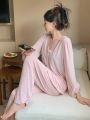 DAZY Women's Pink Comfortable And Loose Pajama Set With V-neck