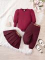 SHEIN Baby Girl Puff Sleeve Bodysuit & Pleated Skirt & Pants