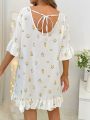 Floral Print Flounce Sleeve Ruffle Hem Nightdress