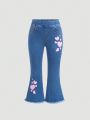 SHEIN Young Girl Heart Print Raw Hem Flare Leg Jeans