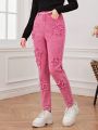 Teen Girls' Vintage Street Style Sweet And Cool Star Patch Embroidery Casual & Comfortable Pink Denim Jeans Tapered Pants