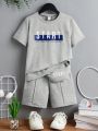 SHEIN Teen Boys' Casual Letter Print T-Shirt And Elastic Waist Shorts Set With Bag Accessories